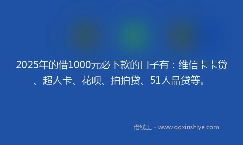 2025年的借1000元必下款的口子有：维信卡卡贷、超人卡、花呗、拍拍贷、51人品贷等。