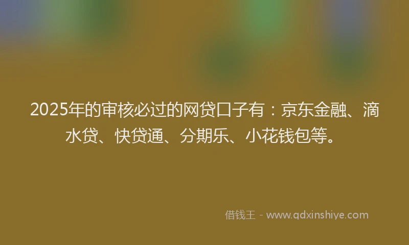 2025年的审核必过的网贷口子有：京东金融、滴水贷、快贷通、分期乐、小花钱包等。