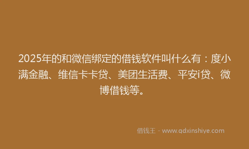 2025年的和微信绑定的借钱软件叫什么有：度小满金融、维信卡卡贷、美团生活费、平安i贷、微博借钱等。