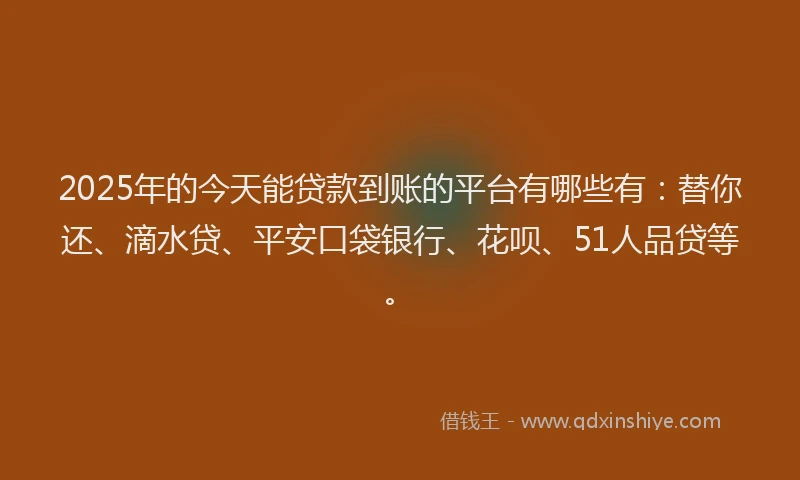 2025年的今天能贷款到账的平台有哪些有：替你还、滴水贷、平安口袋银行、花呗、51人品贷等。