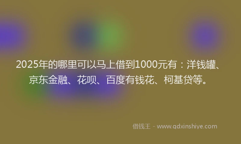 2025年的哪里可以马上借到1000元有：洋钱罐、京东金融、花呗、百度有钱花、柯基贷等。