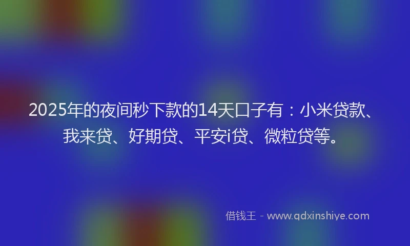 2025年的夜间秒下款的14天口子有：小米贷款、我来贷、好期贷、平安i贷、微粒贷等。