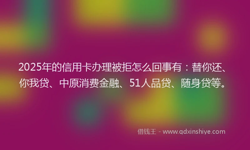 2025年的信用卡办理被拒怎么回事有：替你还、你我贷、中原消费金融、51人品贷、随身贷等。