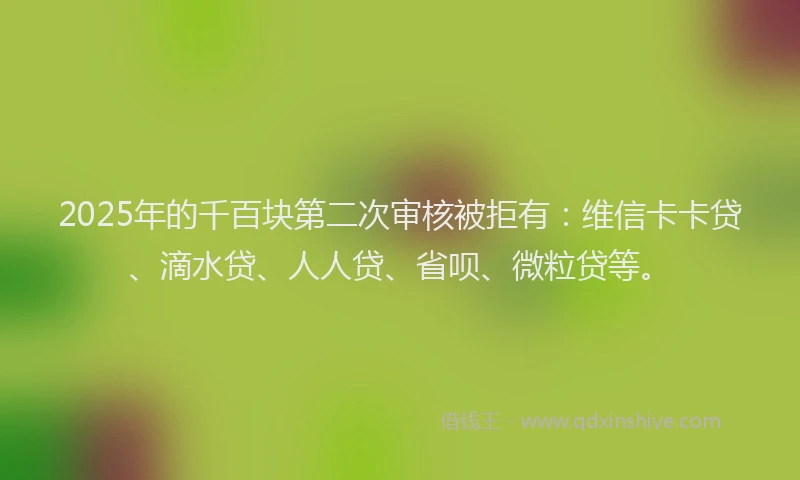 2025年的千百块第二次审核被拒有：维信卡卡贷、滴水贷、人人贷、省呗、微粒贷等。