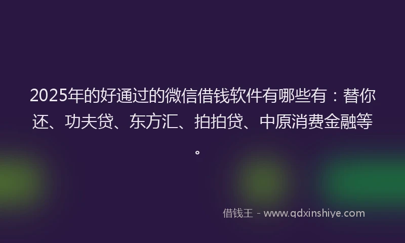 2025年的好通过的微信借钱软件有哪些有：替你还、功夫贷、东方汇、拍拍贷、中原消费金融等。