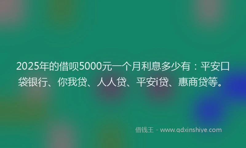 2025年的借呗5000元一个月利息多少有：平安口袋银行、你我贷、人人贷、平安i贷、惠商贷等。