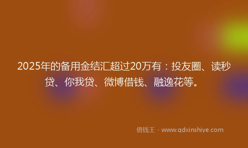 2025年的备用金结汇超过20万有：投友圈、读秒贷、你我贷、微博借钱、融逸花等。