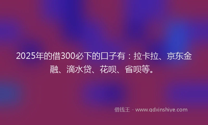 2025年的借300必下的口子有：拉卡拉、京东金融、滴水贷、花呗、省呗等。