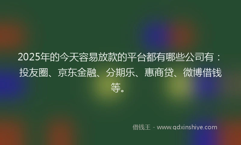 2025年的今天容易放款的平台都有哪些公司有：投友圈、京东金融、分期乐、惠商贷、微博借钱等。