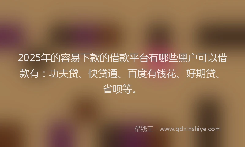 2025年的容易下款的借款平台有哪些黑户可以借款有：功夫贷、快贷通、百度有钱花、好期贷、省呗等。