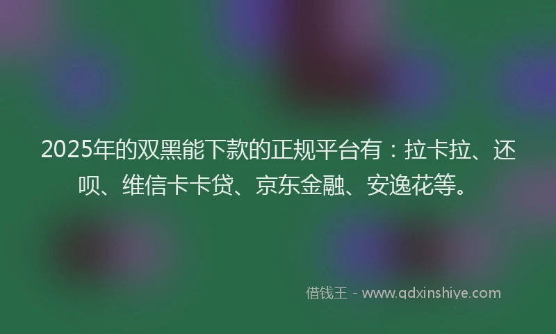 2025年的双黑能下款的正规平台有：拉卡拉、还呗、维信卡卡贷、京东金融、安逸花等。