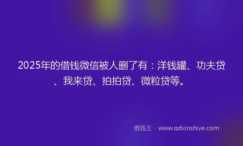 2025年的借钱微信被人删了有：洋钱罐、功夫贷、我来贷、拍拍贷、微粒贷等。