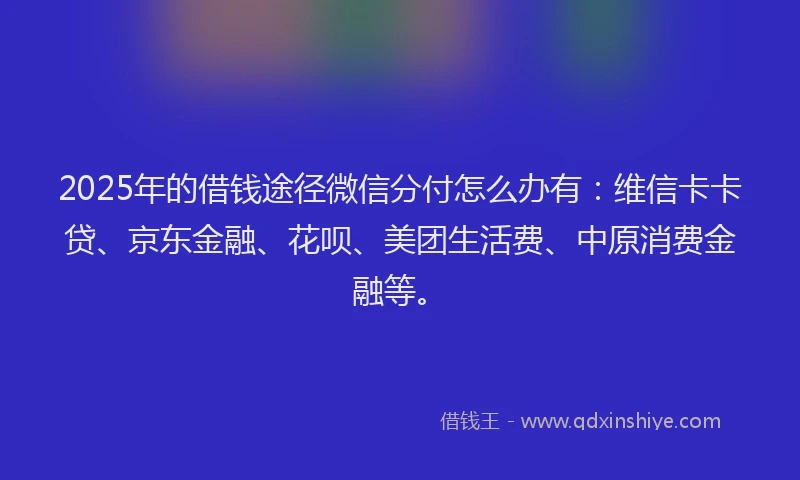 2025年的借钱途径微信分付怎么办有:维信卡卡贷、京东金融、花呗、美团生活费、中原消费金融等。