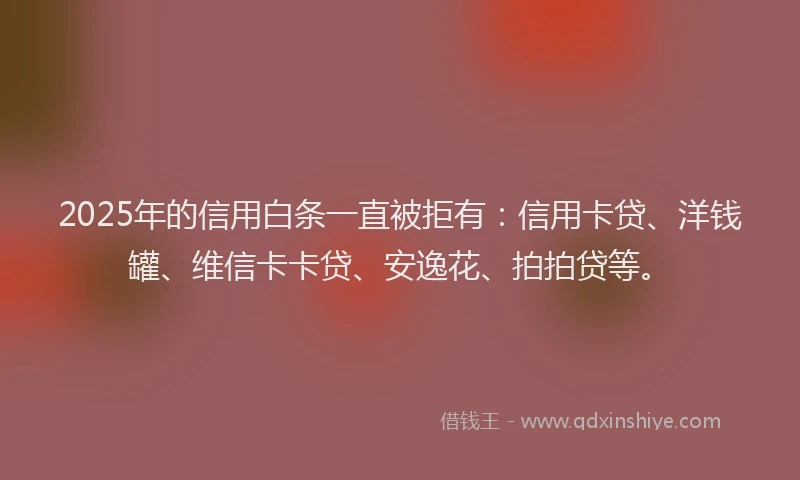 2025年的信用白条一直被拒有：信用卡贷、洋钱罐、维信卡卡贷、安逸花、拍拍贷等。