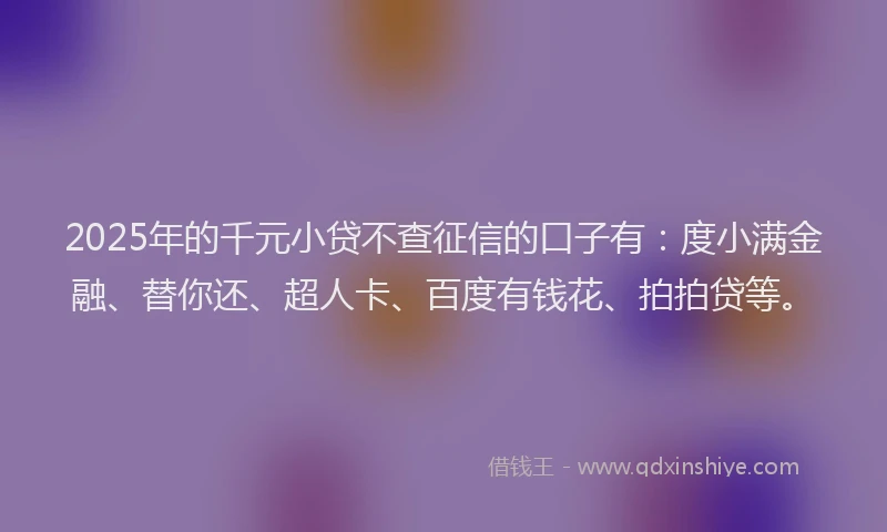 2025年的千元小贷不查征信的口子有：度小满金融、替你还、超人卡、百度有钱花、拍拍贷等。