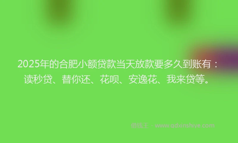 2025年的合肥小额贷款当天放款要多久到账有：读秒贷、替你还、花呗、安逸花、我来贷等。