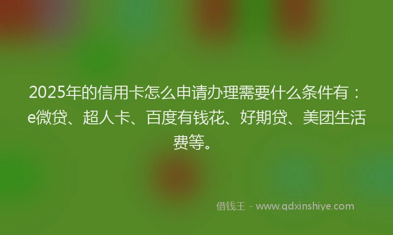 2025年的信用卡怎么申请办理需要什么条件有：e微贷、超人卡、百度有钱花、好期贷、美团生活费等。