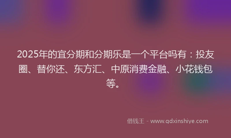2025年的宜分期和分期乐是一个平台吗有：投友圈、替你还、东方汇、中原消费金融、小花钱包等。