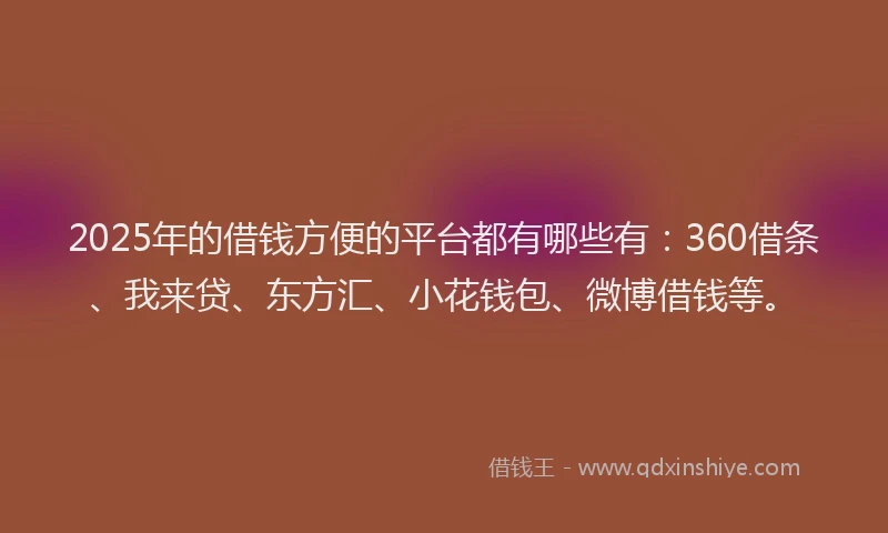 2025年的借钱方便的平台都有哪些有：360借条、我来贷、东方汇、小花钱包、微博借钱等。