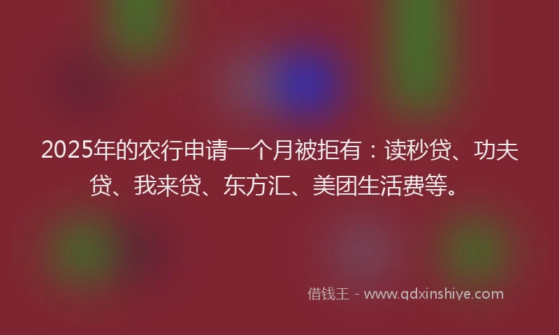 2025年的农行申请一个月被拒有：读秒贷、功夫贷、我来贷、东方汇、美团生活费等。