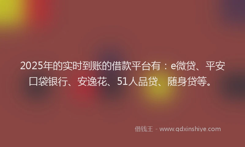 2025年的实时到账的借款平台有：e微贷、平安口袋银行、安逸花、51人品贷、随身贷等。