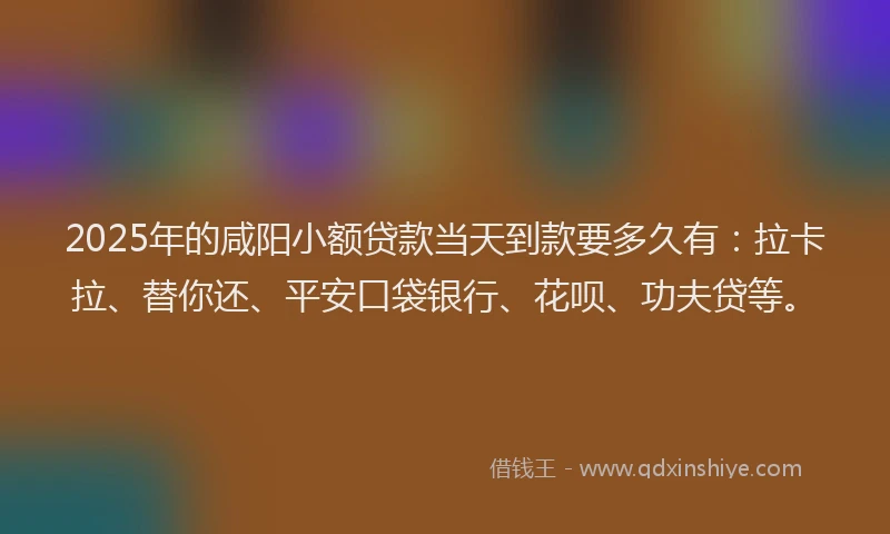 2025年的咸阳小额贷款当天到款要多久有：拉卡拉、替你还、平安口袋银行、花呗、功夫贷等。