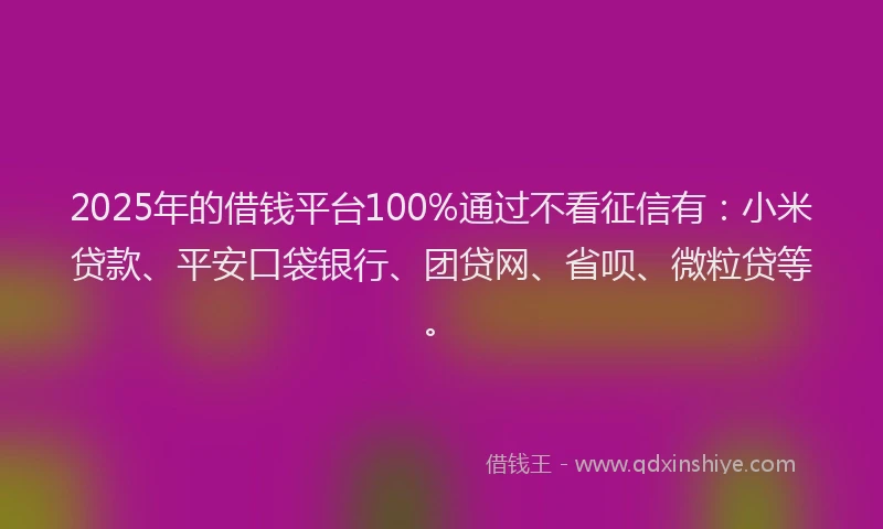 2025年的借钱平台100%通过不看征信有：小米贷款、平安口袋银行、团贷网、省呗、微粒贷等。