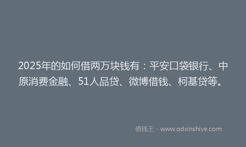 2025年的如何借两万块钱有：平安口袋银行、中原消费金融、51人品贷、微博借钱、柯基贷等。