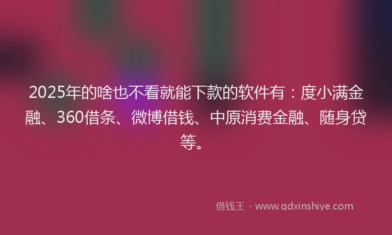 2025年的啥也不看就能下款的软件有：度小满金融、360借条、微博借钱、中原消费金融、随身贷等。