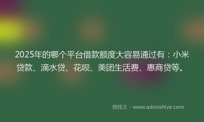 2025年的哪个平台借款额度大容易通过有：小米贷款、滴水贷、花呗、美团生活费、惠商贷等。
