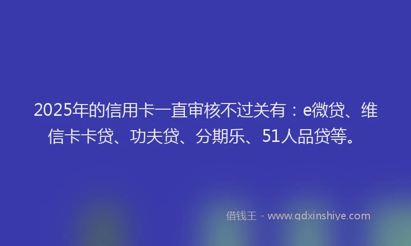 2025年的信用卡一直审核不过关有：e微贷、维信卡卡贷、功夫贷、分期乐、51人品贷等。