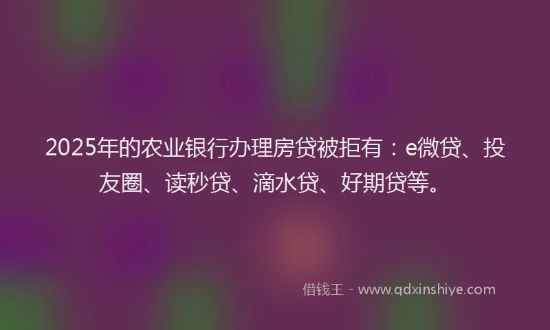 2025年的农业银行办理房贷被拒有：e微贷、投友圈、读秒贷、滴水贷、好期贷等。