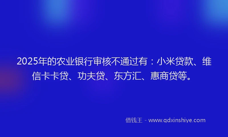 2025年的农业银行审核不通过有：小米贷款、维信卡卡贷、功夫贷、东方汇、惠商贷等。