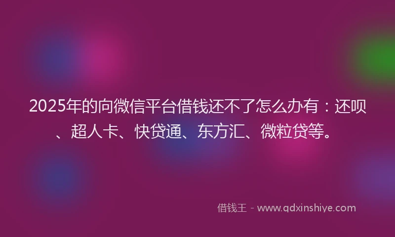 2025年的向微信平台借钱还不了怎么办有：还呗、超人卡、快贷通、东方汇、微粒贷等。