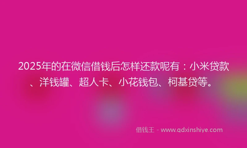 2025年的在微信借钱后怎样还款呢有：小米贷款、洋钱罐、超人卡、小花钱包、柯基贷等。