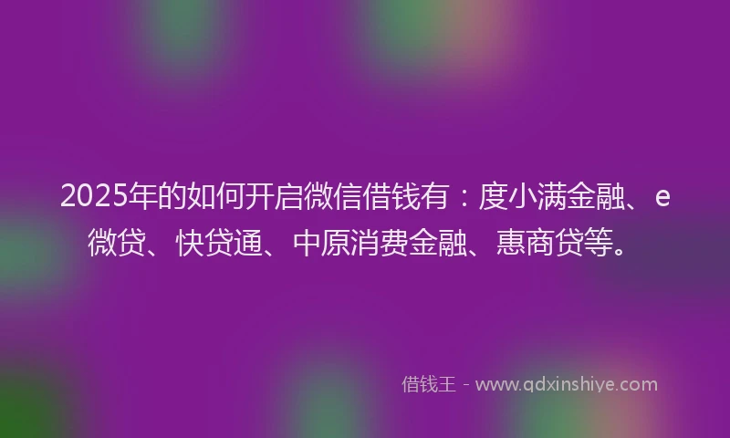2025年的如何开启微信借钱有：度小满金融、e微贷、快贷通、中原消费金融、惠商贷等。