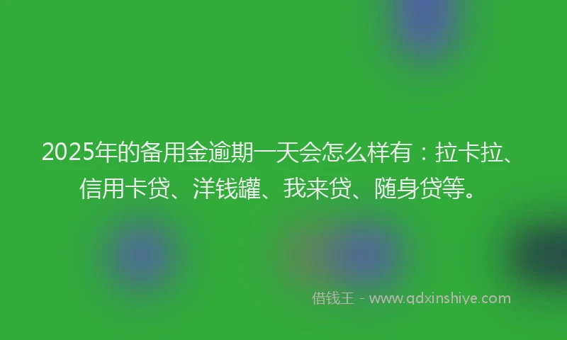2025年的备用金逾期一天会怎么样有：拉卡拉、信用卡贷、洋钱罐、我来贷、随身贷等。