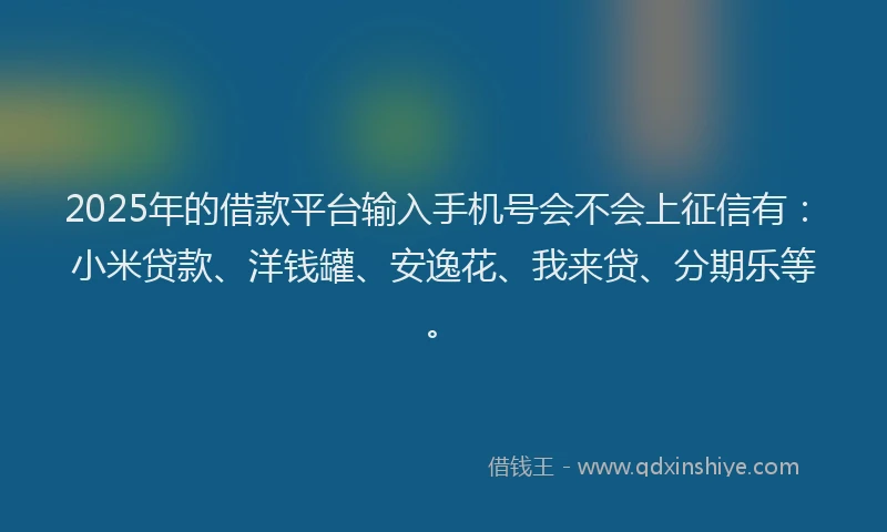 2025年的借款平台输入手机号会不会上征信有：小米贷款、洋钱罐、安逸花、我来贷、分期乐等。