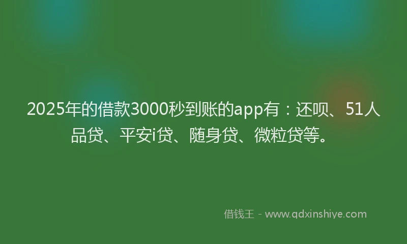 2025年的借款3000秒到账的app有：还呗、51人品贷、平安i贷、随身贷、微粒贷等。