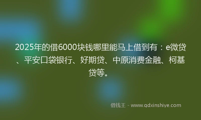 2025年的借6000块钱哪里能马上借到有：e微贷、平安口袋银行、好期贷、中原消费金融、柯基贷等。