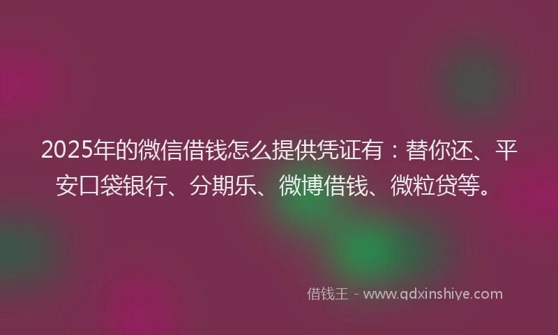 2025年的微信借钱怎么提供凭证有：替你还、平安口袋银行、分期乐、微博借钱、微粒贷等。