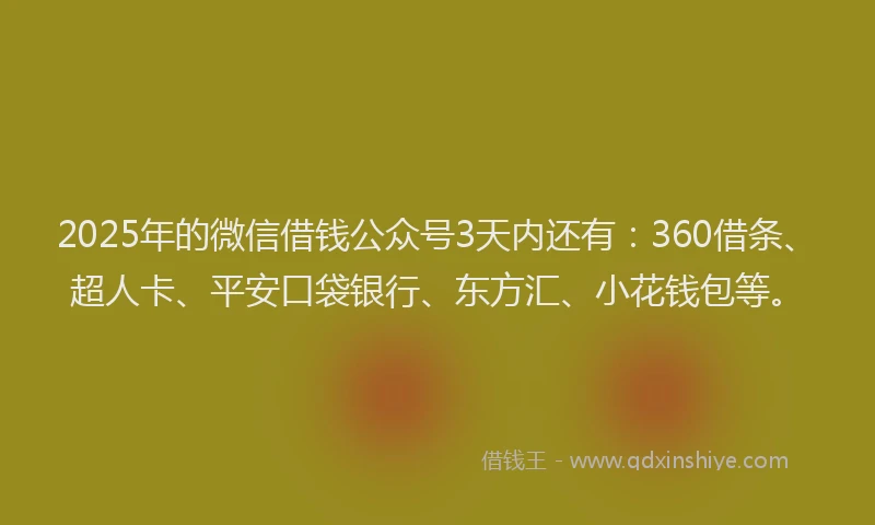 2025年的微信借钱公众号3天内还有：360借条、超人卡、平安口袋银行、东方汇、小花钱包等。