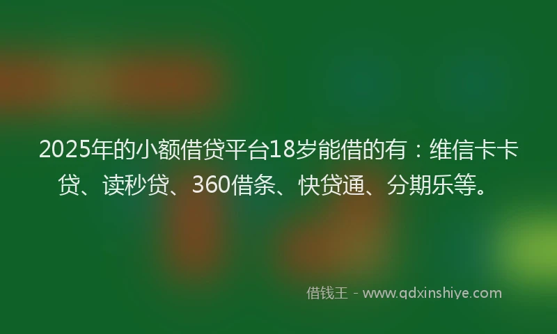 2025年的小额借贷平台18岁能借的有：维信卡卡贷、读秒贷、360借条、快贷通、分期乐等。