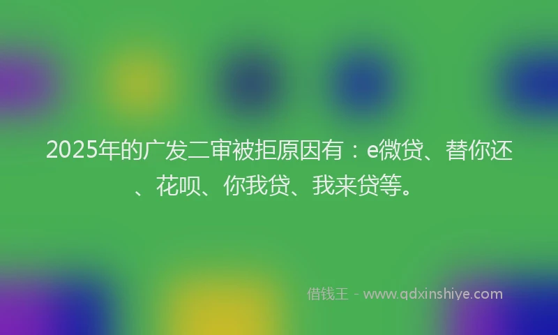 2025年的广发二审被拒原因有：e微贷、替你还、花呗、你我贷、我来贷等。