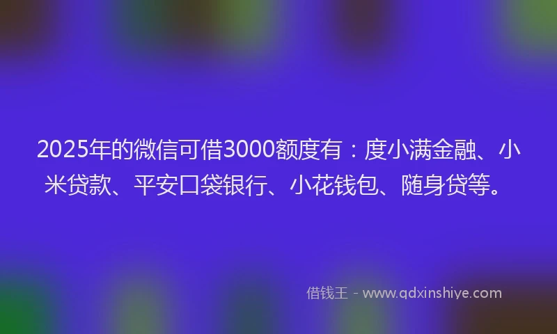 2025年的微信可借3000额度有：度小满金融、小米贷款、平安口袋银行、小花钱包、随身贷等。