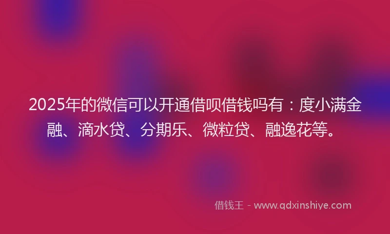 2025年的微信可以开通借呗借钱吗有：度小满金融、滴水贷、分期乐、微粒贷、融逸花等。