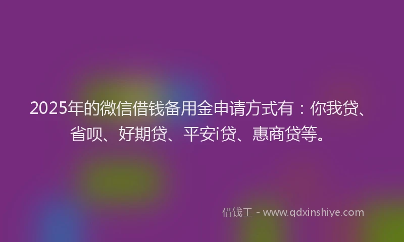 2025年的微信借钱备用金申请方式有：你我贷、省呗、好期贷、平安i贷、惠商贷等。