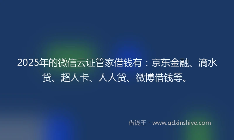 2025年的微信云证管家借钱有：京东金融、滴水贷、超人卡、人人贷、微博借钱等。