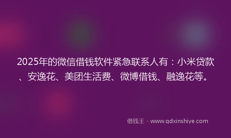 2025年的微信借钱软件紧急联系人有：小米贷款、安逸花、美团生活费、微博借钱、融逸花等。