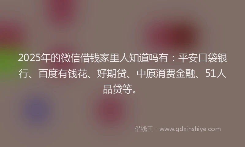 2025年的微信借钱家里人知道吗有：平安口袋银行、百度有钱花、好期贷、中原消费金融、51人品贷等。